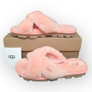 Ugg NIB Fuzzette Beverly Pink Criss Cross Strap Fur Slippers Size 5